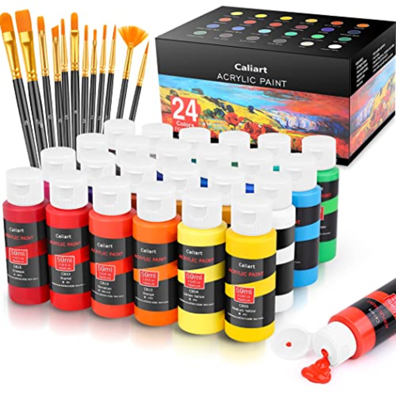 Caliart Acrylic Paint Set with 12 Brushes, 24 Colors (59ml, 2oz